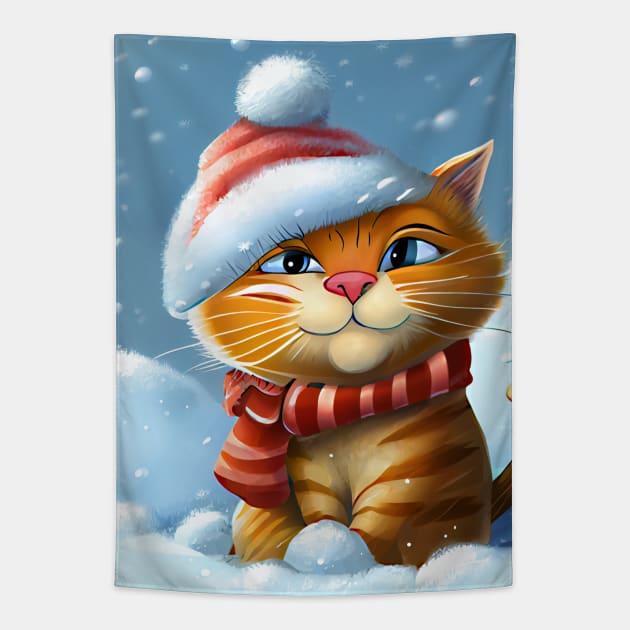 Fat Red Cat with Santa Hat Tapestry by KOTOdesign