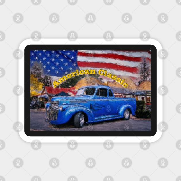 Classic Old American Truck in Blue with American Flag Magnet by Custom Autos