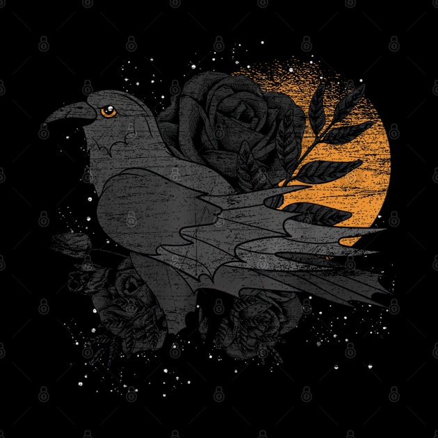 Gothic Black Rose and Crow - Forest Bird Creepy - Full Moon Raven by The Full Moon Shop