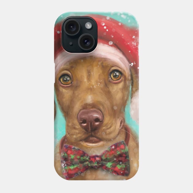 Painting of a Cute Christmas Vizsla Puppy with Red Santa Hat and a Festive Bow Tie Phone Case by ibadishi