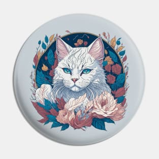 White cat face in flowers and foliage t-shirt design, apparel, mugs, cases, wall art, stickers, Pin