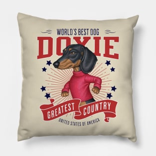 Doxie red white blue Black Dachshund Walking USA Pillow