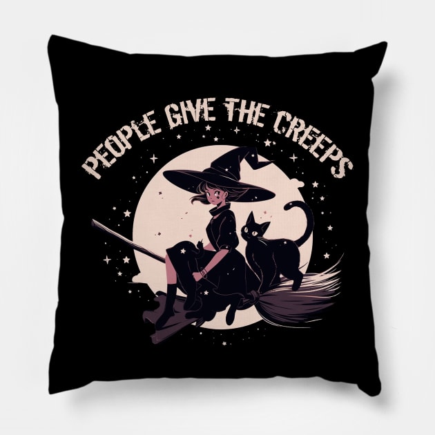 Black Cat and Witch Broomstick Halloween, People Give Me The Creeps Pillow by Pro Design 501