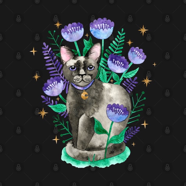 Black Cat and Flowers by Katie Thomas Creative