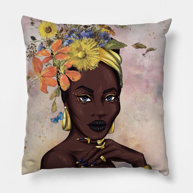 A beautiful black african woman with blooming flowers on head modern art painting female blue eyes Pillow by Modern Art