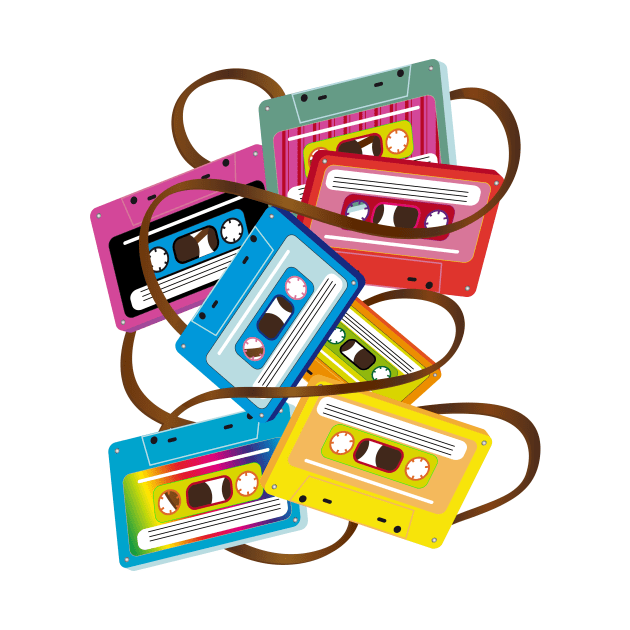 colorful 80s music cassettes with band salad by Kisho