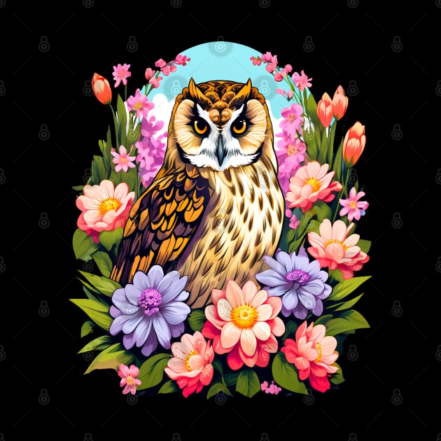 A Cute Short Eared Owl Surrounded by Bold Vibrant Spring Flowers by BirdsnStuff