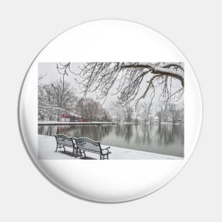 Snowy Benches by the Lake Pin