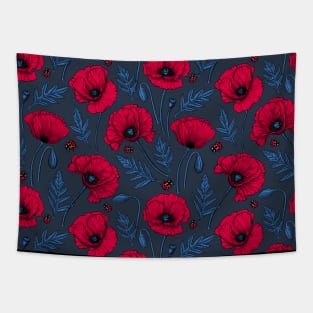 Red poppies and ladybugs on dark blue Tapestry