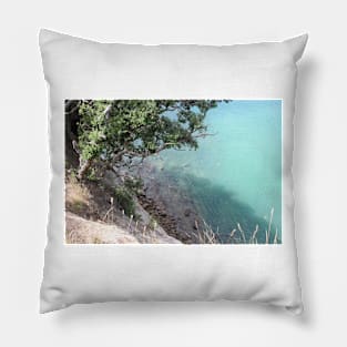 tree overhanging a rocky shore Pillow