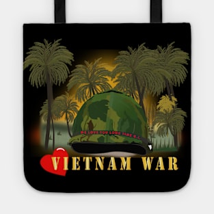 Vietnam Era Helmet Cover - ME LOVE YOU LONG TIME GI w Jungle - Fire w Txt Tote