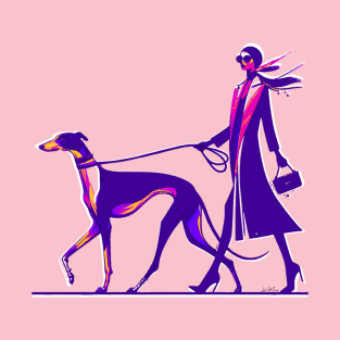 Lady Walking Greyhound Dog Retro T-Shirt