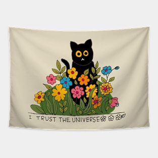 I Trust The Universe Cat Black Wild Flowers Tapestry