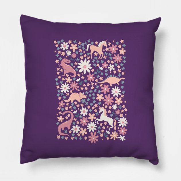 Floral Burst of Dinosaurs and Unicorns in Mauve + Peach Art Print Pillow by latheandquill