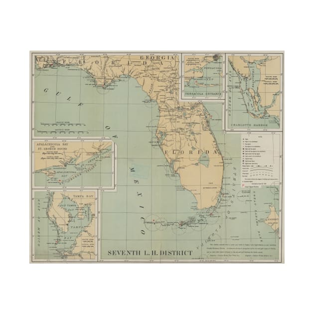 Vintage Lighthouse Map of Florida (1898) by Bravuramedia