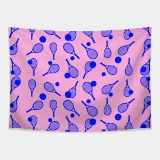 Tennis Seamless Pattern - Blue Racket and Ball on Pink Background Tapestry