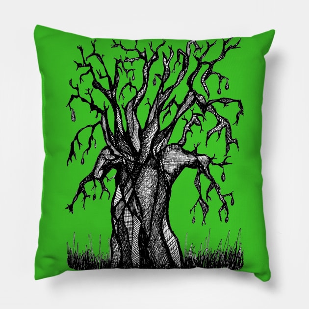 Green Baobab Artistic Line Drawing Pillow by Tony Cisse Art Originals