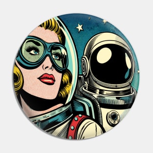 Pop Art Astronauts in Space Comic Book Style Pin