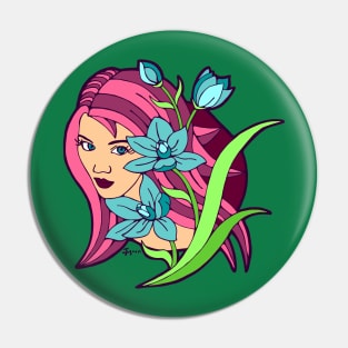 Pink Haired Girl and Blue Lilies Pin
