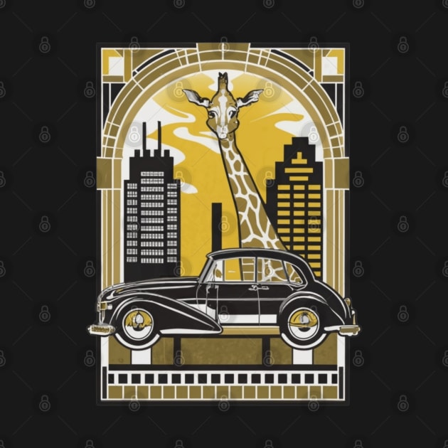 A sophisticated giraffe elegantly navigating a cityscape in a luxury sedan by designe stor 