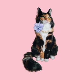 Glamorous Longhair Calico Cat with Pearls T-Shirt