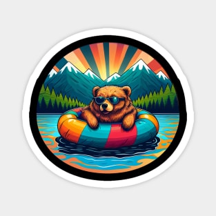 Grizzly Bear in Sunglasses Floating on a Lake with Mountains and Trees Magnet