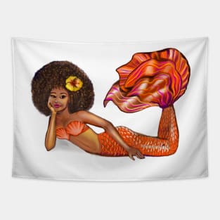 Mermaid with yellow hibiscus flower in her Afro relaxing Tapestry