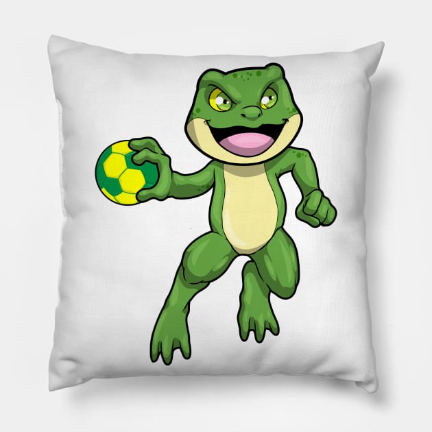 Frog at Sports with Handball Pillow by Markus Schnabel