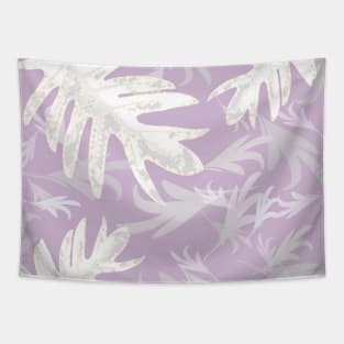 Trio palm leaves white on lilac purpule tropical fall TeePublic Tapestry