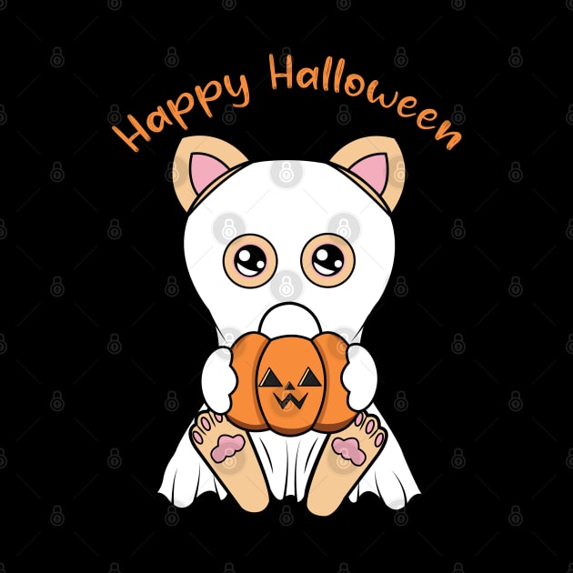 Happy Halloween Cute ghost Cat, Kawaii black cat with pumpkin by JS ARTE