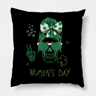 Womens St Patricks Day Skull Messy Bun Saint Pattys Paddys Women Pillow