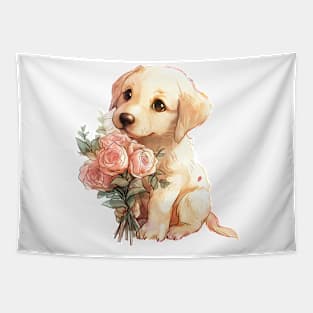 Valentine Golden Retriever Dog Giving Flowers Tapestry