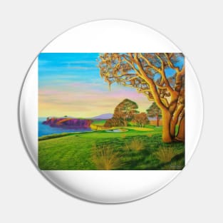 Colorful painting of the 6th hole at Pebble Beach Golf Course Pin