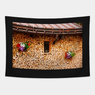 Neat Wood Stack with Flowers Tapestry