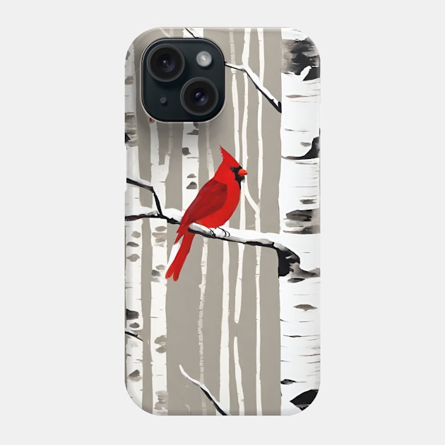 Minimalist Scandinavian Art Winter Birch Tree Red Cardinal Phone Case by Tina