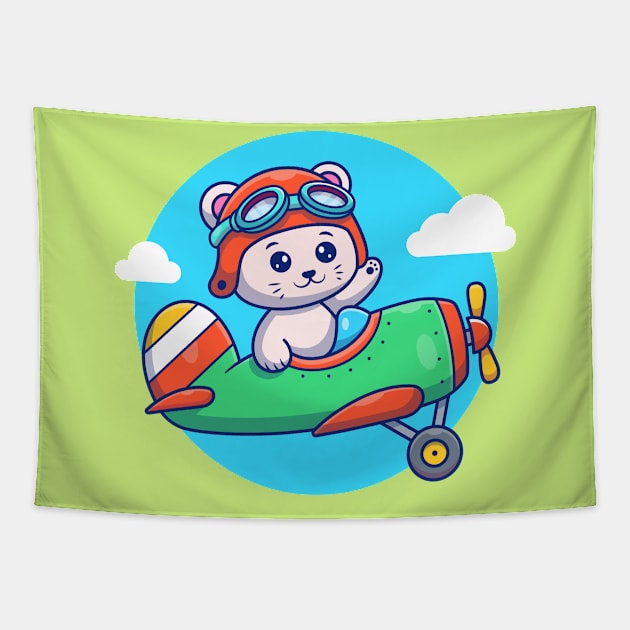 Cute Cat Flying With Vintage Plane Tapestry by Catalyst Labs