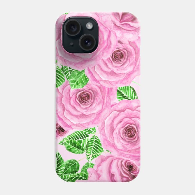 Pink watercolor roses with leaves and buds pattern Phone Case by katerinamk