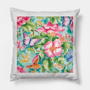 Flowers and butterflies on turquoise Pillow