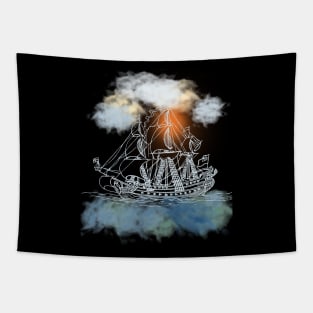 Sailing Ship with Orange Sun Tapestry