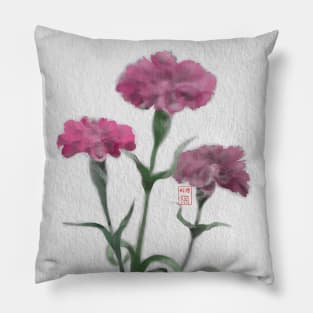 watercolor and sumiE ink pink carnations Pillow