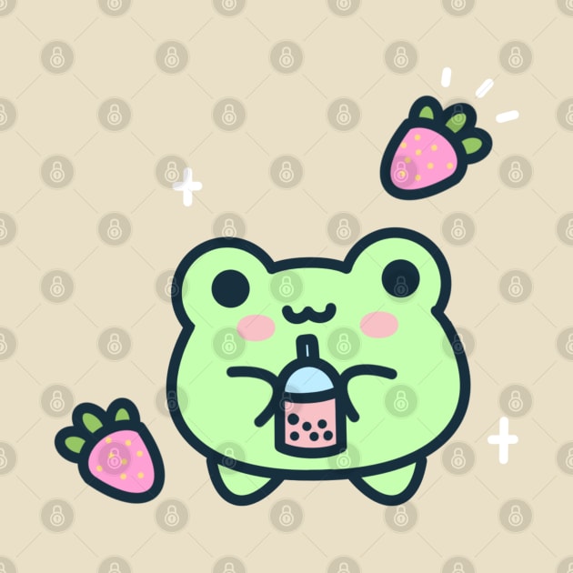 Frog drinking strawberry boba by Miaufu&Friends