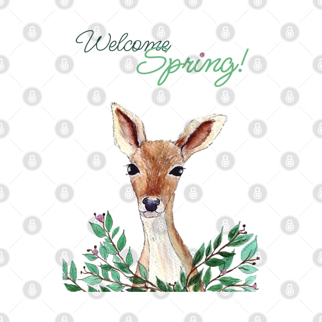 Welcome spring Cute Watercolor deer by Wolshebnaja