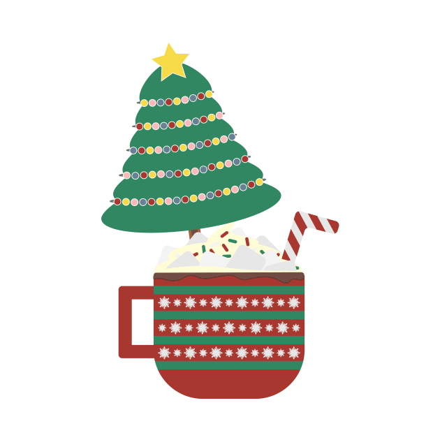 Decorated Christmas tree in a large Red Green mug with hot cocoa, whipped cream, marshmallow and striped candy cane by sigdesign