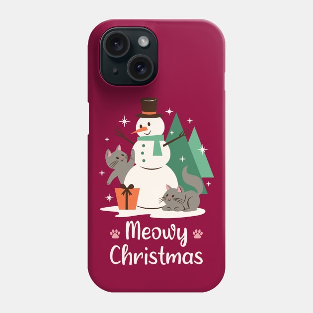 Meowy Christmas Cute Kitties Playing With A Snowman (Dark Red) Phone Case by PorcupineTees
