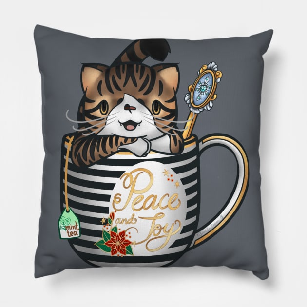 “Peace and Joy” Spice the tabby cat in a teacup keeping warm for the holidays Pillow by SamInJapan