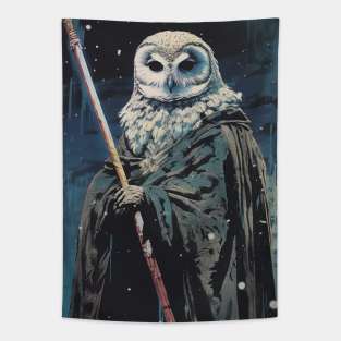 powerful mage with an owl mask on a dark blue background Tapestry
