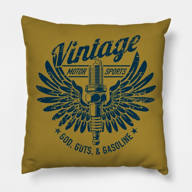 Vintage Motorsports God, Guts and Gasoline Spark Plug Design Pillow by hobrath