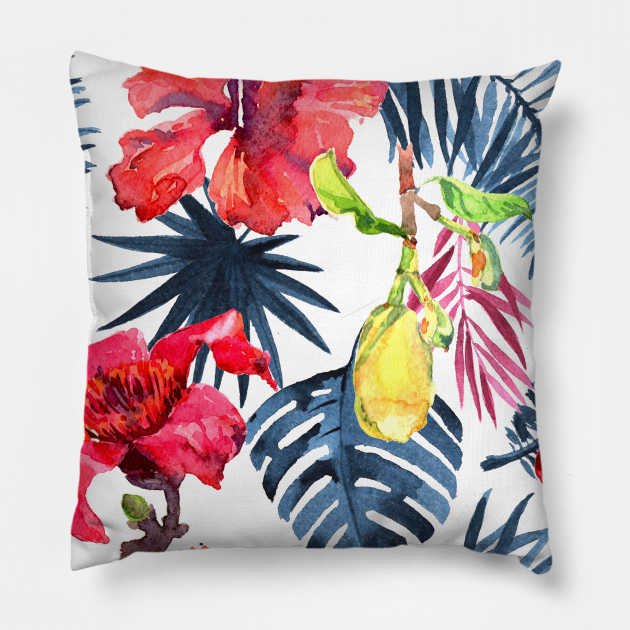 Watercolor tropical leaves and plants. Hand painted jungle greenery background Pillow by Olga Berlet