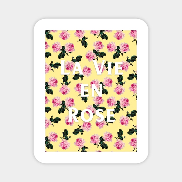 La Vie En Rose - pink scattered vintage roses on yellow, pink tee Magnet by bettyretro