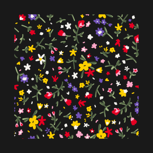 Rainbow Ditsy Flower Pattern Over Black T-Shirt